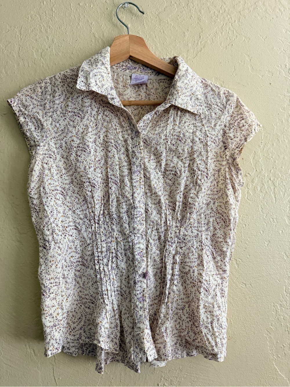 Roxy Button-Down Cap Sleeve Shirt in Cream with Purple Floral